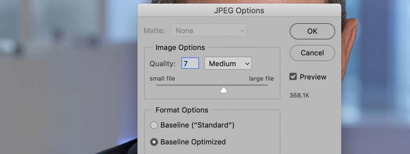 Photoshop jpeg compression setting dialog